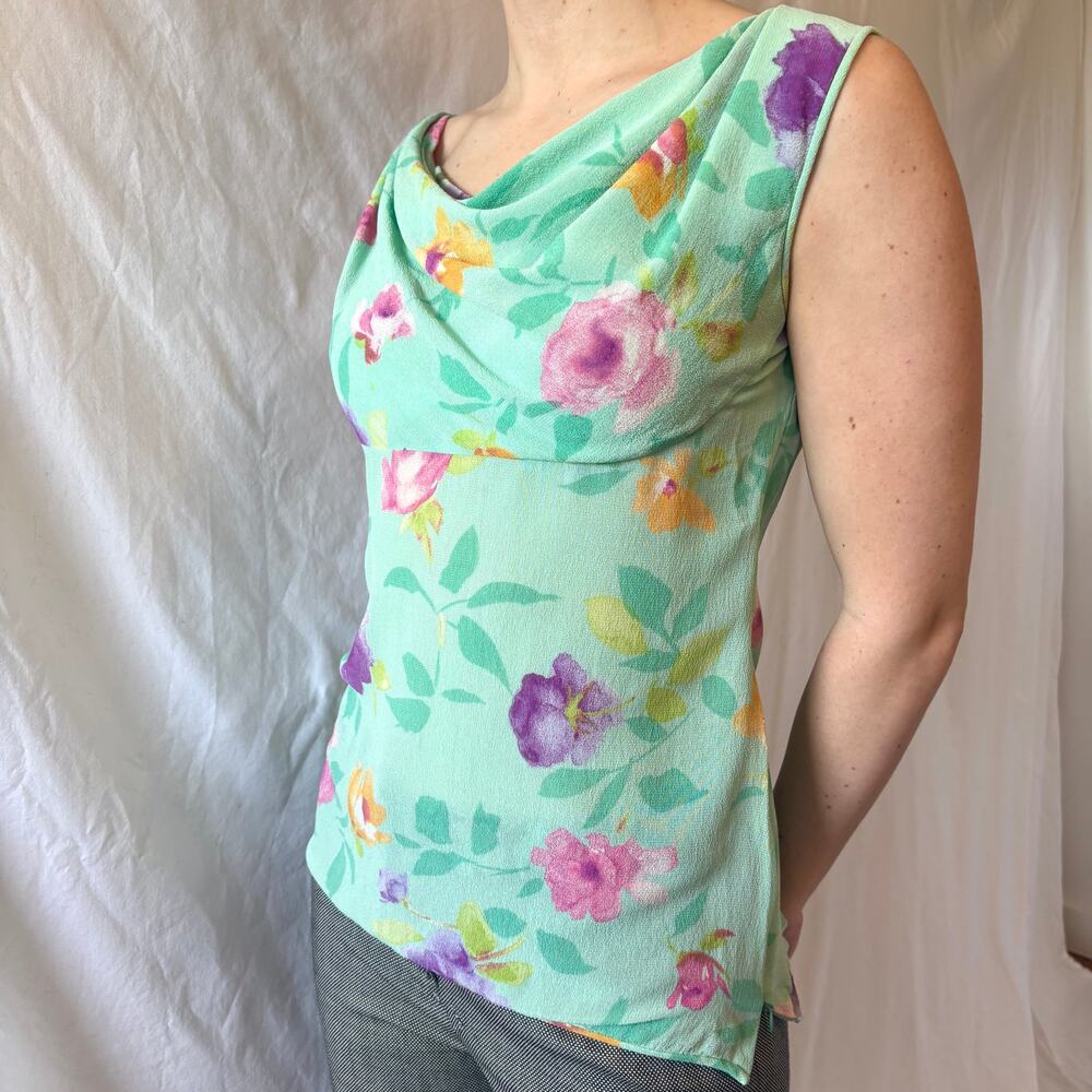 Vintage Silk Floral Ungaro Cowl Neck Sleeveless Blouse